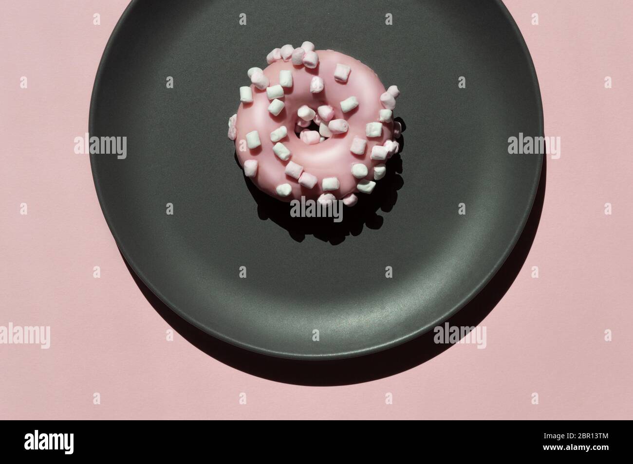 One pink donat with white marshmallows on the dark grey ceramic plate on the light coral background. Geometric sunny creative trendy composition with Stock Photo