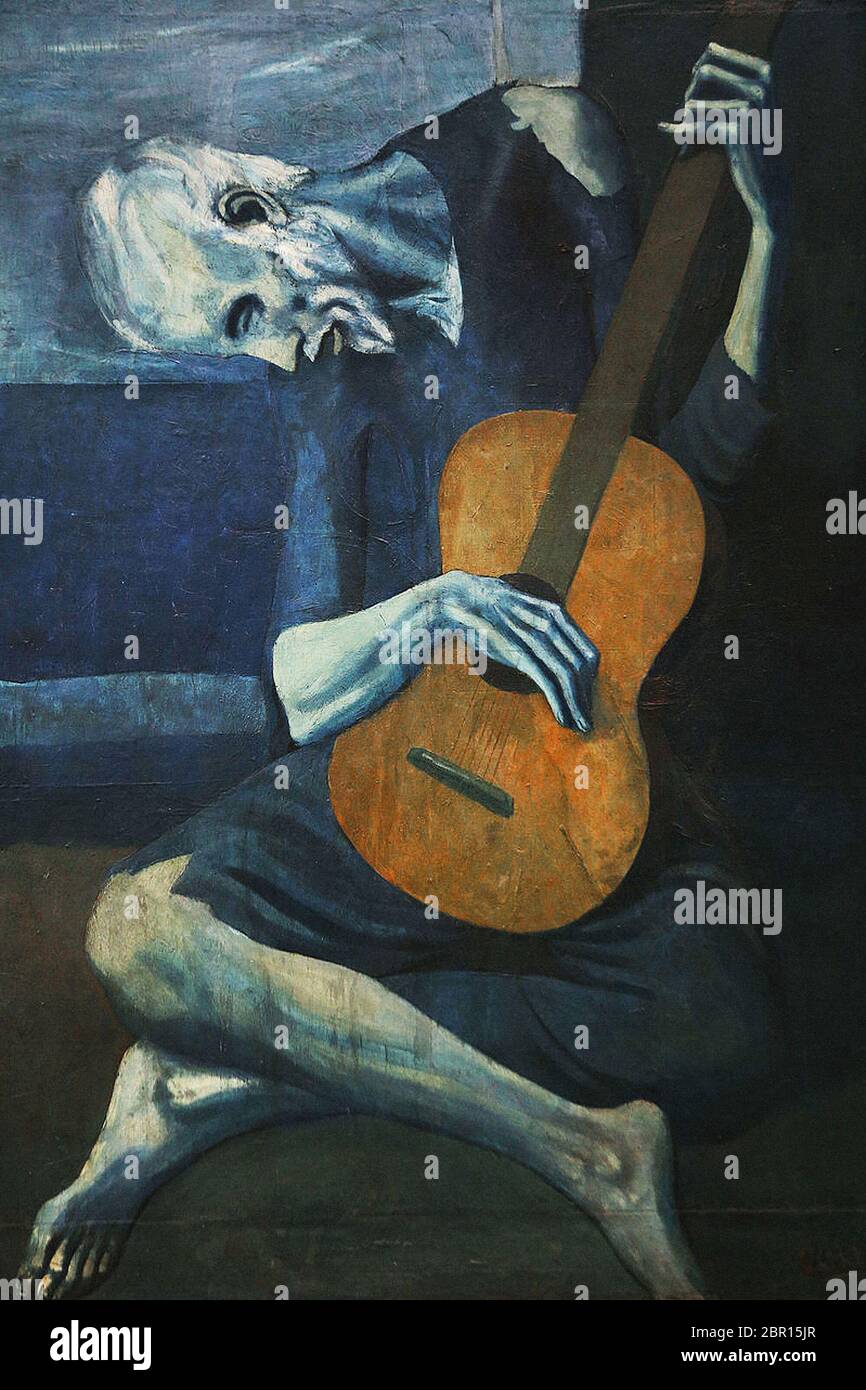 the Old Guitarist by Pablo Picasso 1904. oils on panel. Art Institute ...