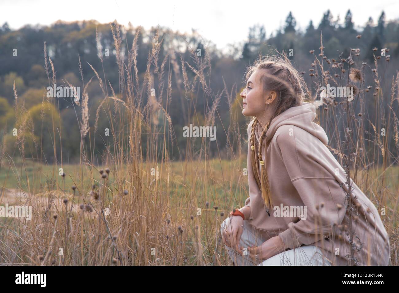 A beautiful teenage girl with pigtails sits on a field . Stock Photo