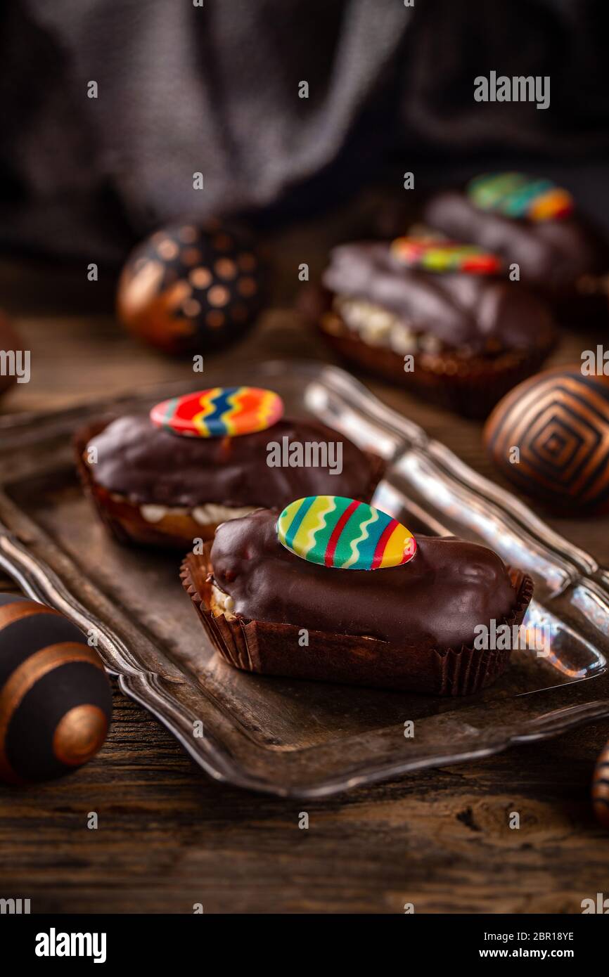 Mini chocolate cakes with Easter decoration Stock Photo