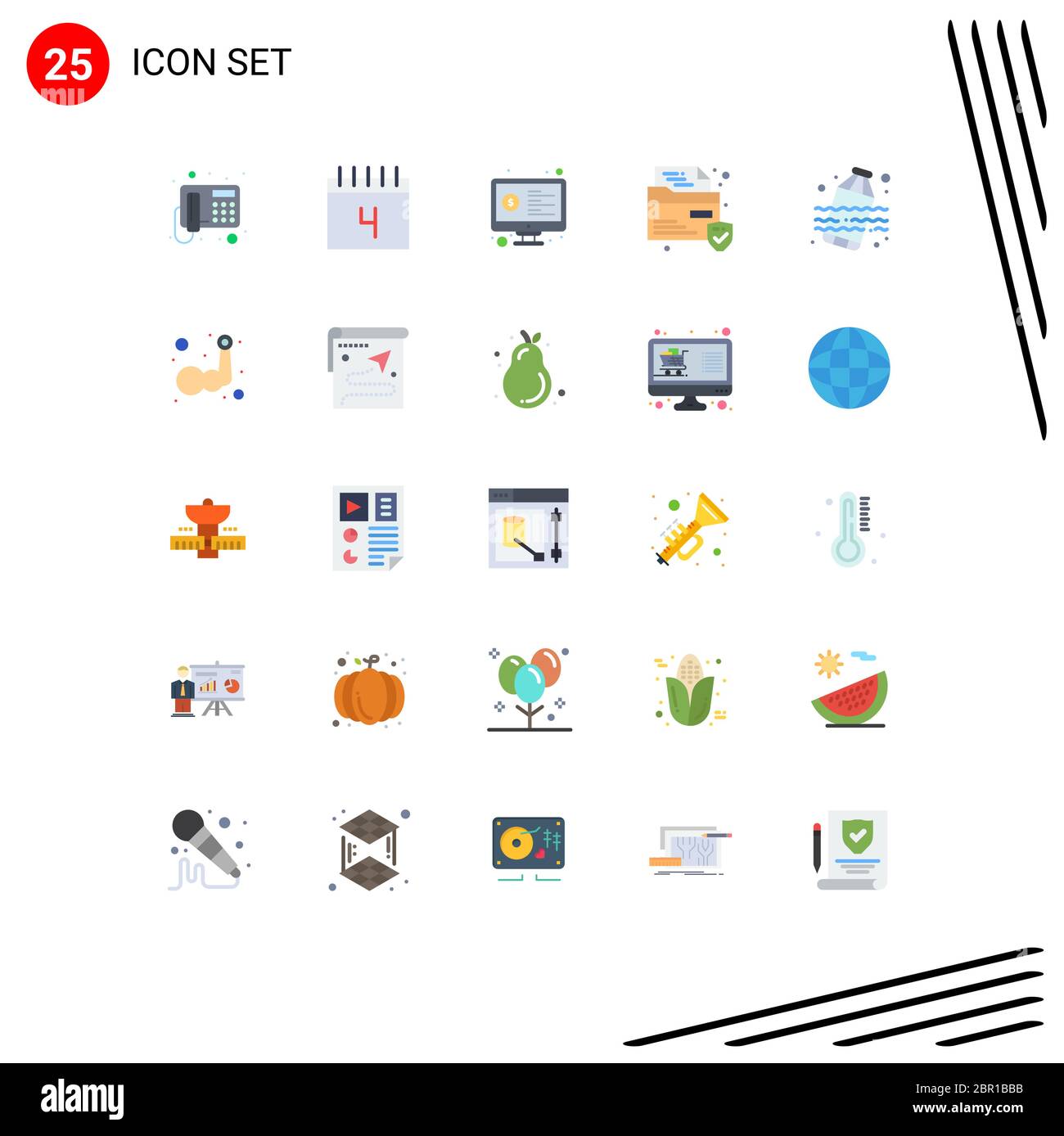 Mobile Interface Flat Color Set of 25 Pictograms of waste, security, money, protection, analysis Editable Vector Design Elements Stock Vector