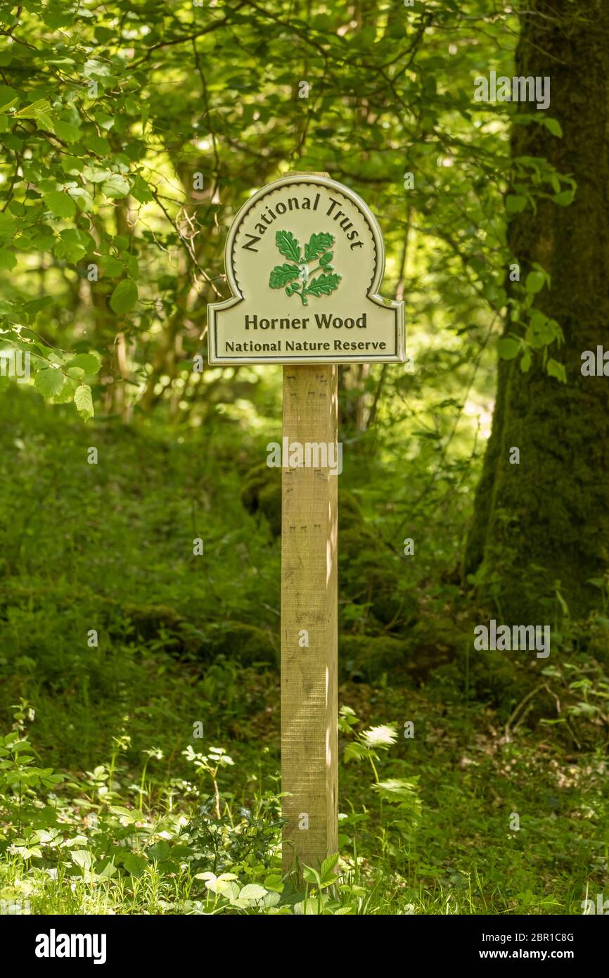 National Trust Plaque at Pool Bridge, Horner Wood, Exmoor National Park, Somerset, UK Stock Photo