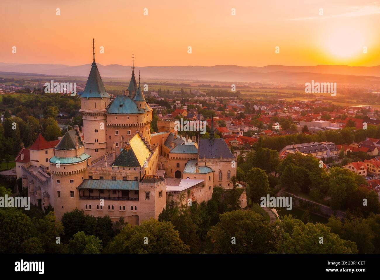 Aerial view of Bojnice medieval castle, UNESCO heritage in Slovakia. Romantic castle with gothic and Renaissance elements built in 12th century. Stock Photo
