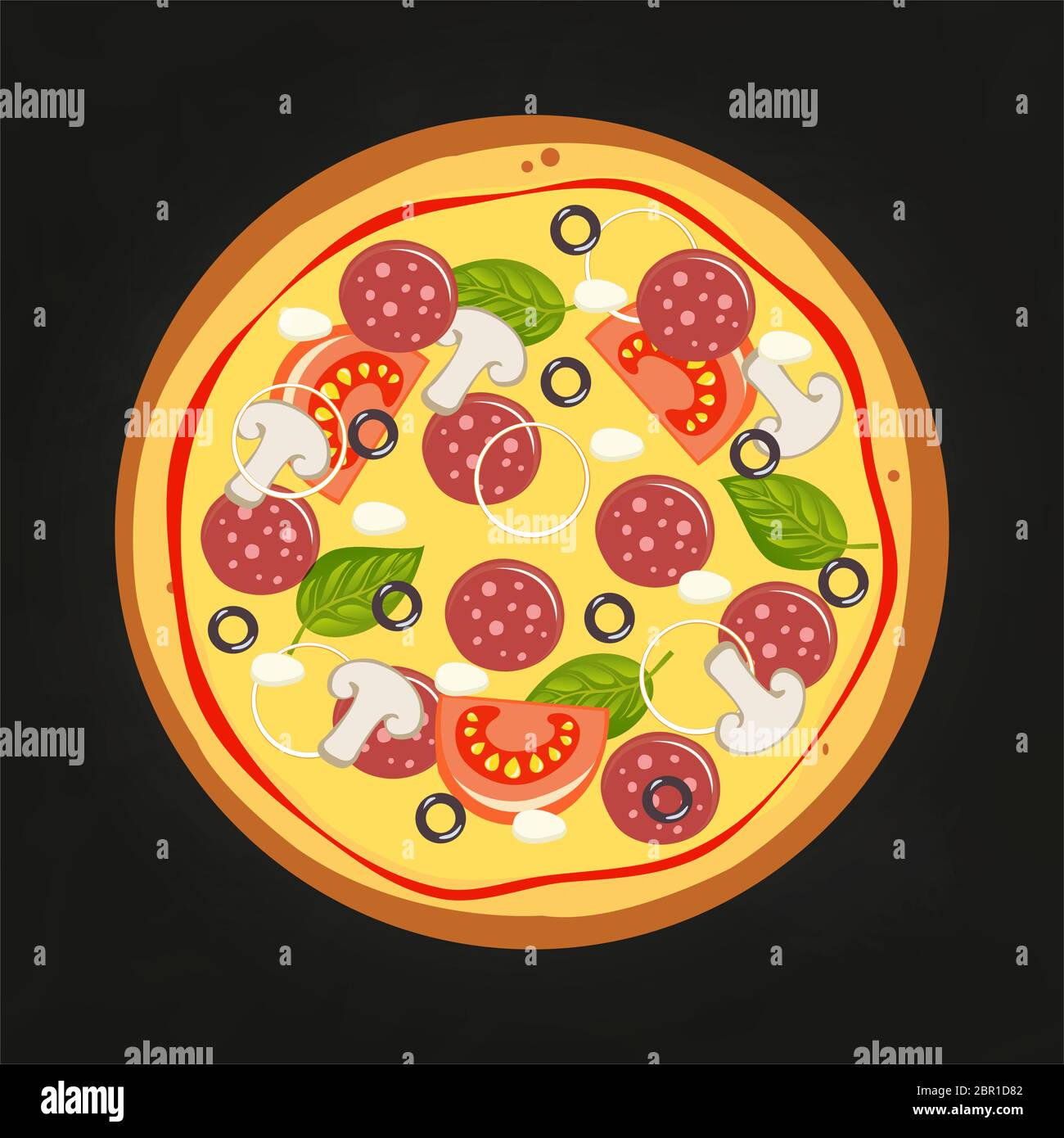 Fresh pizza with tomato, cheese, olive, sausage, onion, basil