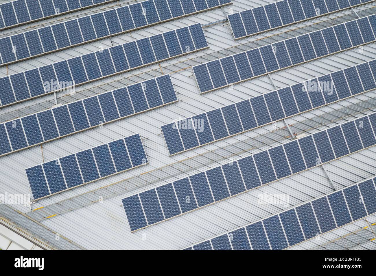 Aerial view of solar panel system in city Stock Photo