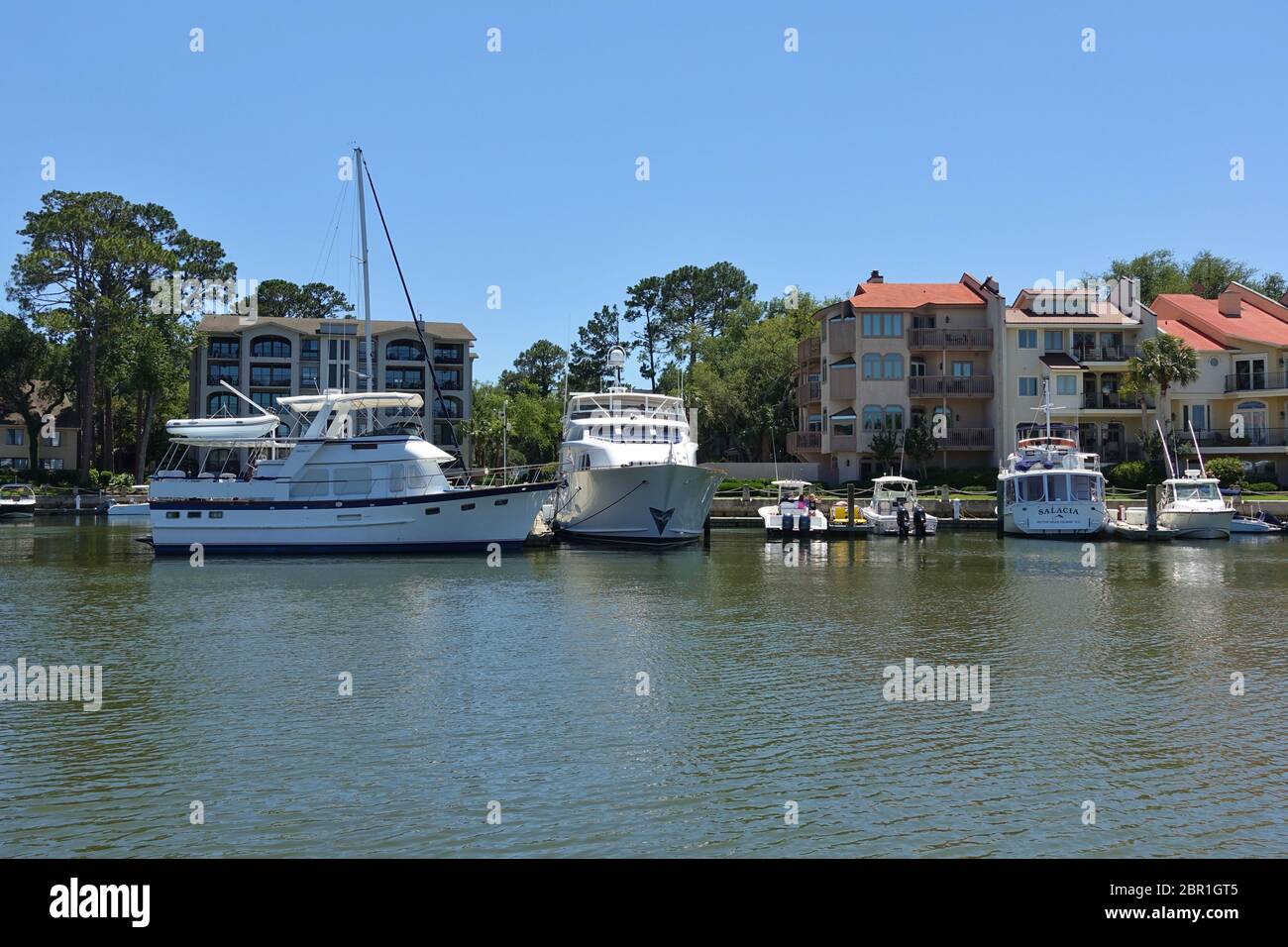 HILTON HEAD, SC –2 MAY 2020- View of boats in the Harbour Town Yacht Basin in Hilton Head, South Carolina, United States. Stock Photo