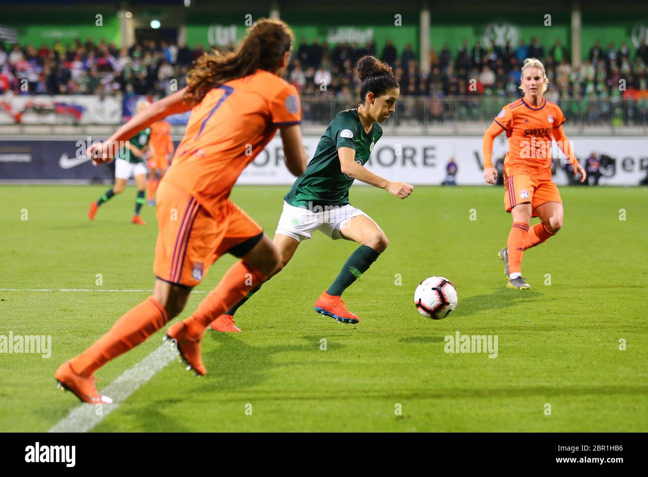 Wolfsburg, Germany, March 27, 2019:Female soccer player, Claudia Neto, in action during Uefa Champions League match against Olympique Lyon. Stock Photo