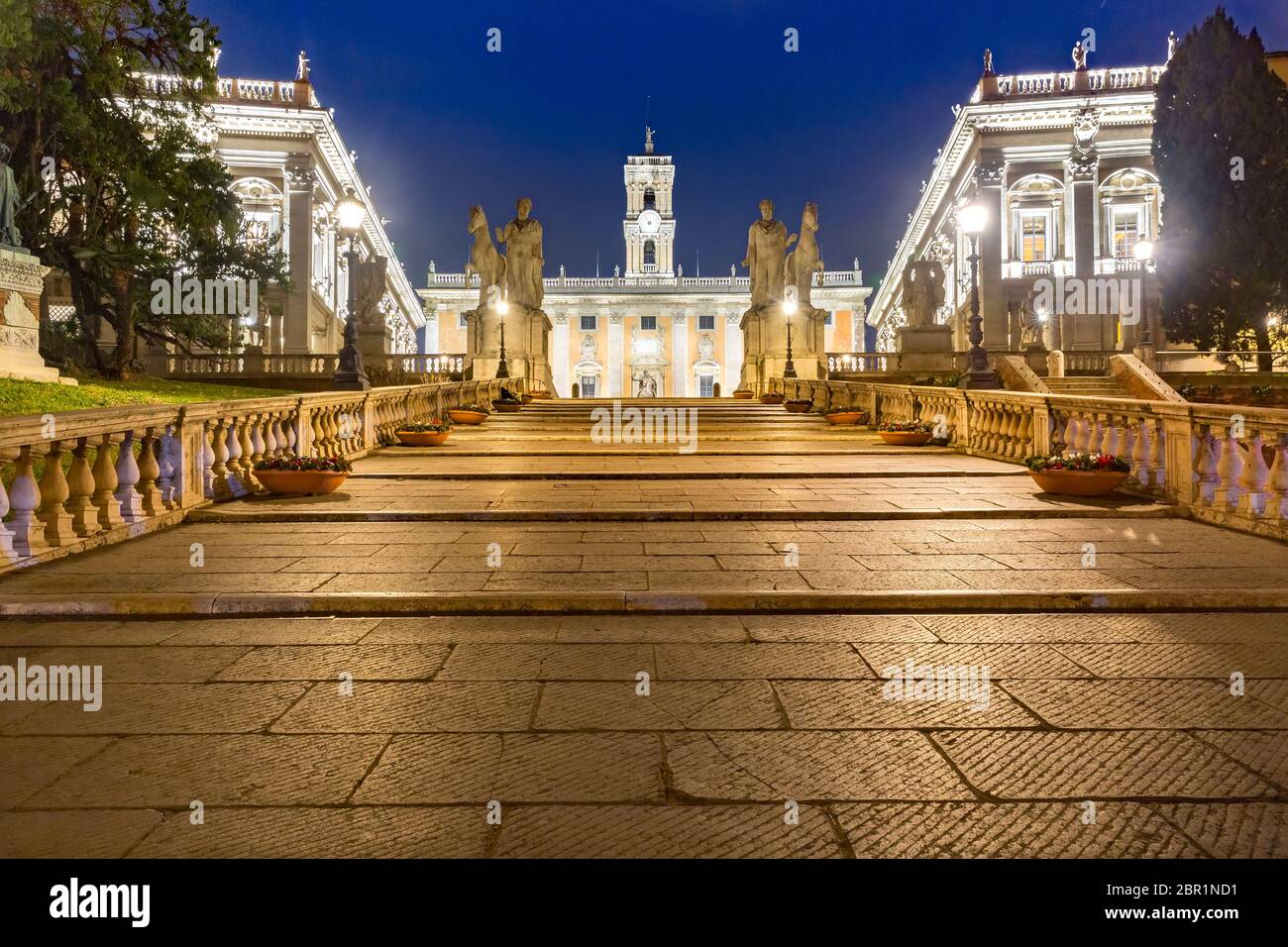 The Capitoline Hill cordonata, monumental wide-ramped stair with the marble renditions of Castor and Pollux, leading from Via del Teatro di Marcello t Stock Photo
