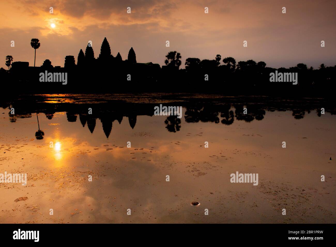 Silhouette of Angkor Wat at sunrise. UNESCO World Heritage Site, Siem Reap Province, Cambodia, Southeast Asia Stock Photo