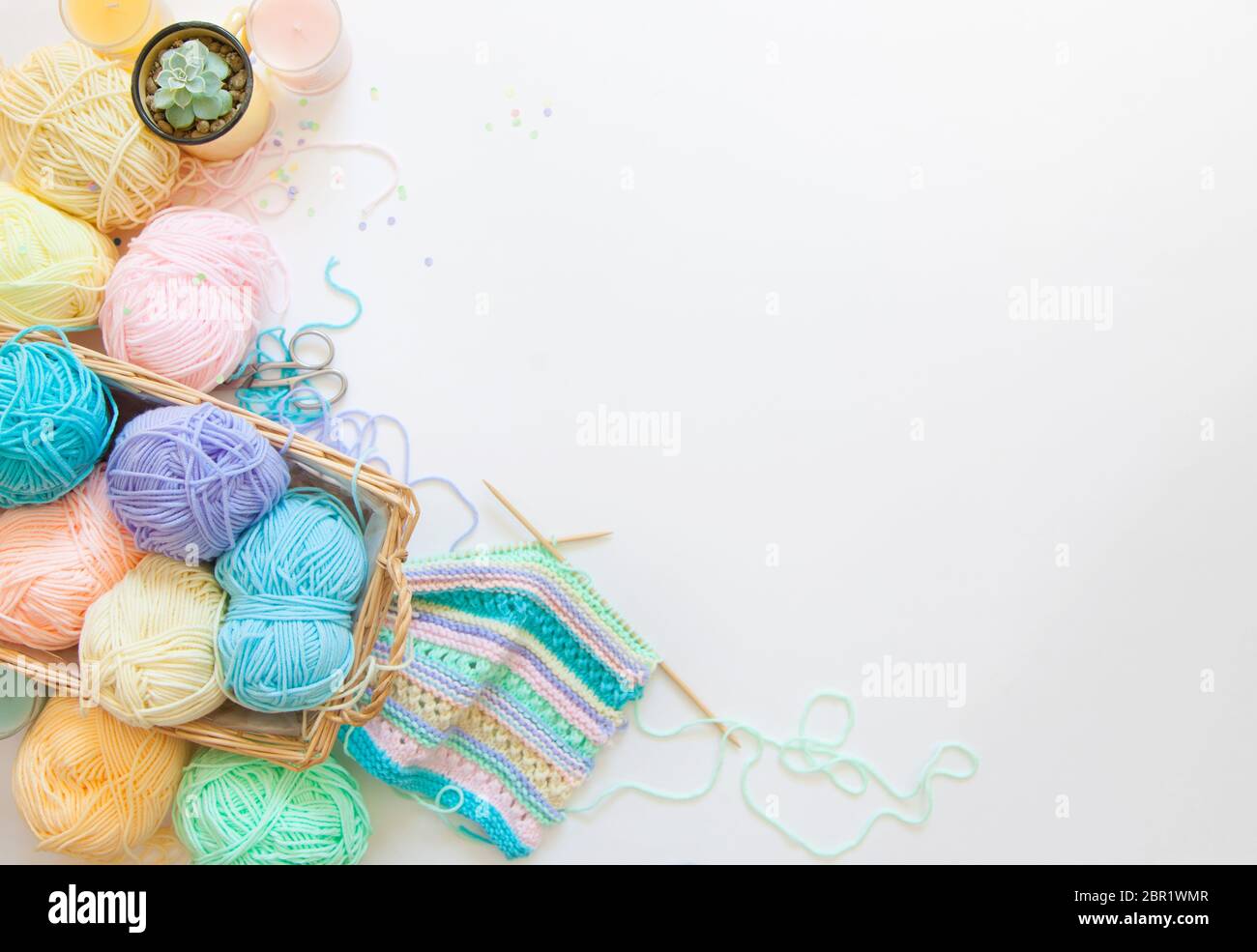 Color pastel yarn for knitting, knitting needles and crochet hooks