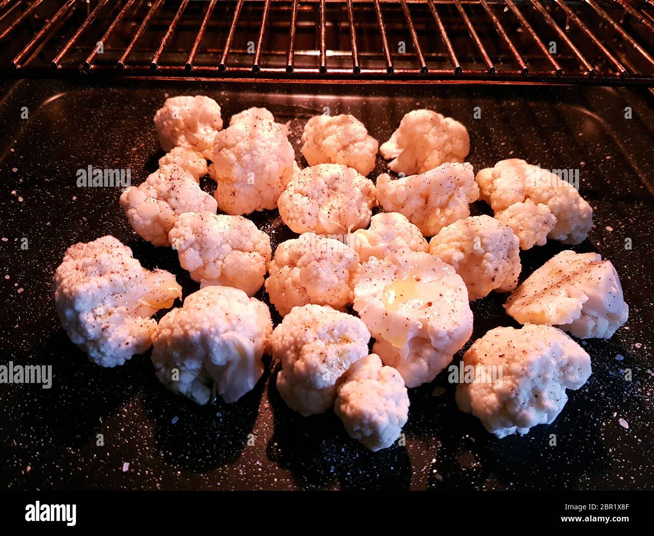 Cauliflower florets, individually cut and prepared for oven baking and