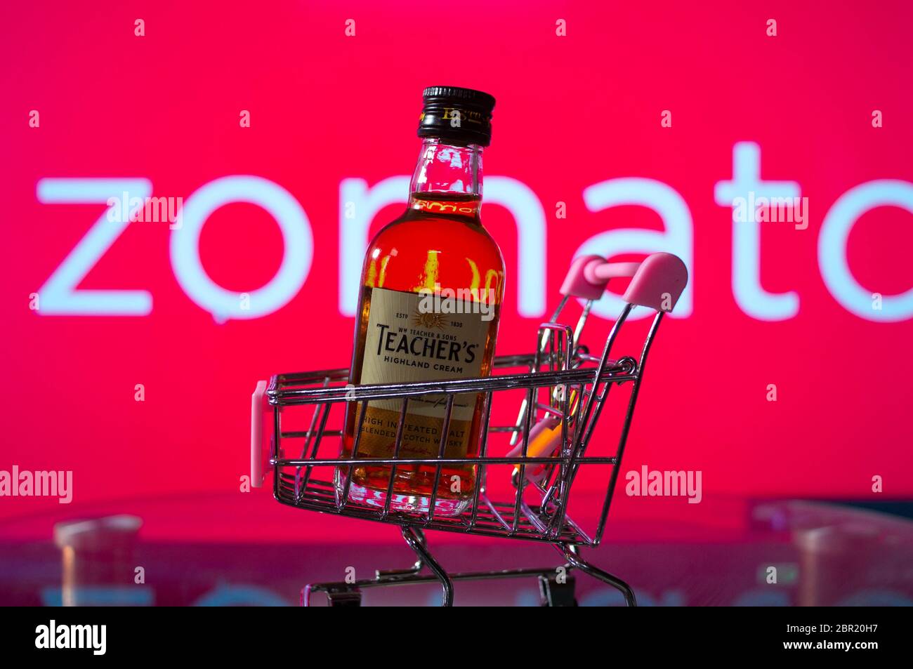 Jaipur, India, Circa 2020 A bottle of teachers highland cream blended scotch whiskey in a pink