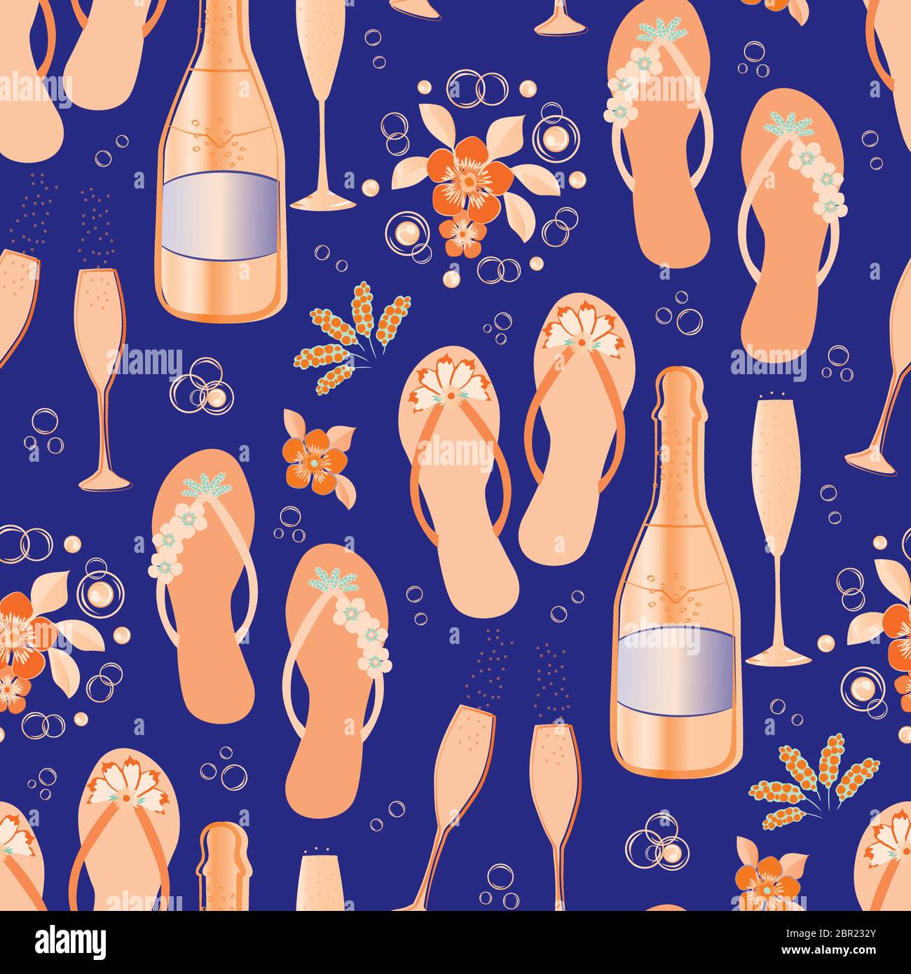 Champagne bottles and flip flop shoe vector seamless pattern background ...