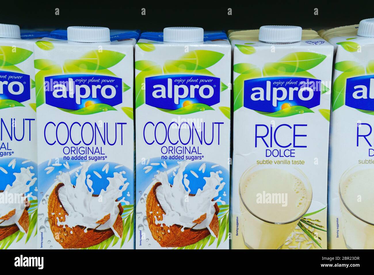 Tyumen, Russia-may 17, 2020: Shelf in the supermarket with non-dairy milk.  Coconut and soy milk vegetable drinks Stock Photo - Alamy
