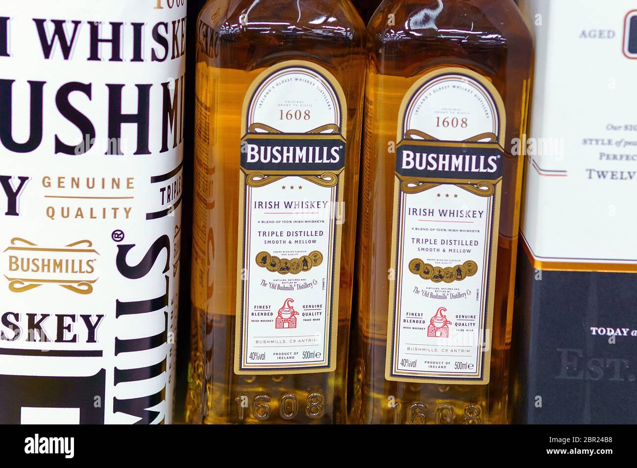 Tyumen, Russia-may 17, 2020: Bottle of Bushmills the oldest whiskey distillery of Ireland. It was founded in 1784. selling in the hypermarket Stock Photo