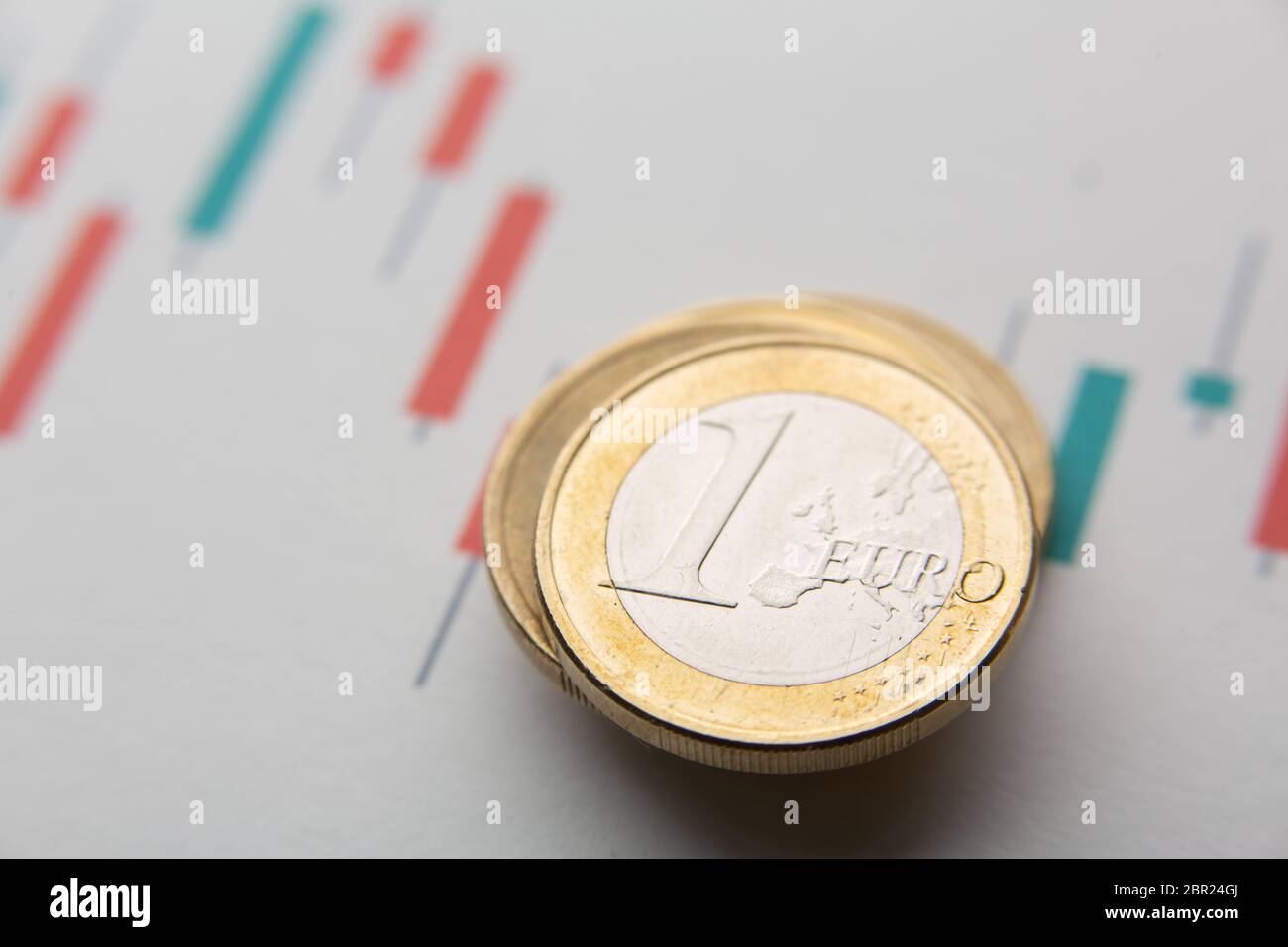 One pound coins viewed from close up and a Japanese candlestick chart with the Euro-Pound quote Stock Photo