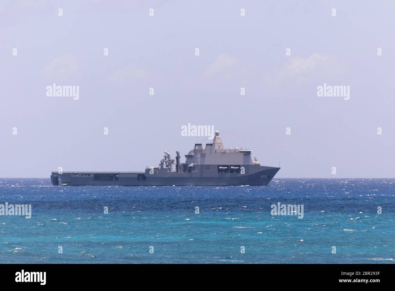 May 2020 - HNLMS Karel Doorman off the coast of Sint Maarten, Saba and St Eustasius in the Caribbean Sea to provide support to the islands Stock Photo