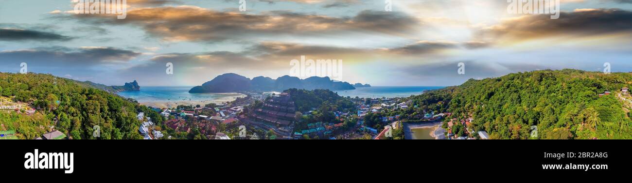 Aerial view of Phi Phi Don landscape on a sunny day from Viewpoint 1, Thailand. Stock Photo