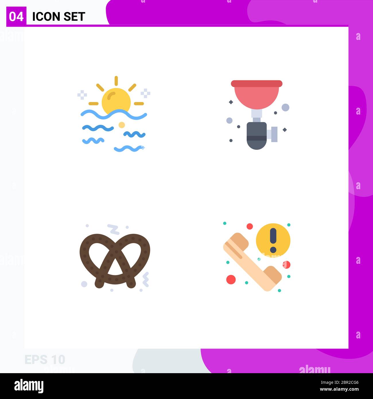 Modern Set of 4 Flat Icons and symbols such as sea, siphon, sun, plumber, pretzel Editable Vector Design Elements Stock Vector