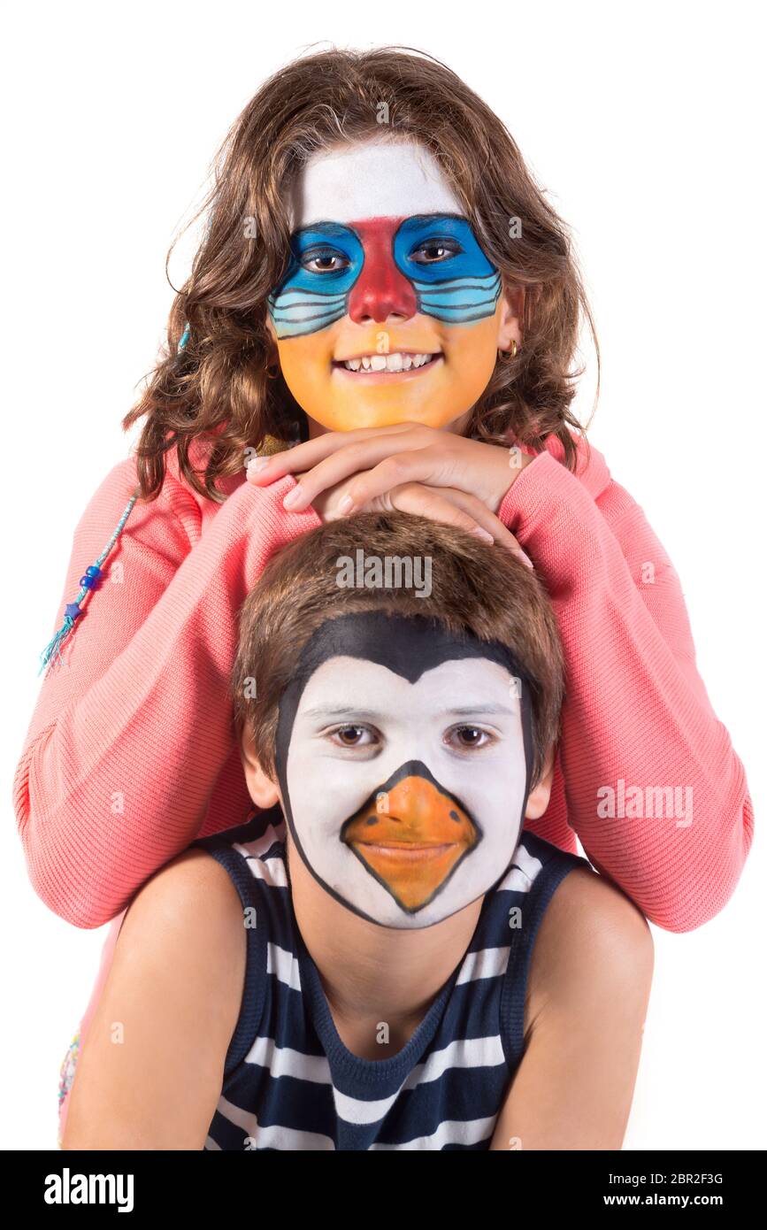 Children's couple with animal face-paint isolated in white Stock Photo