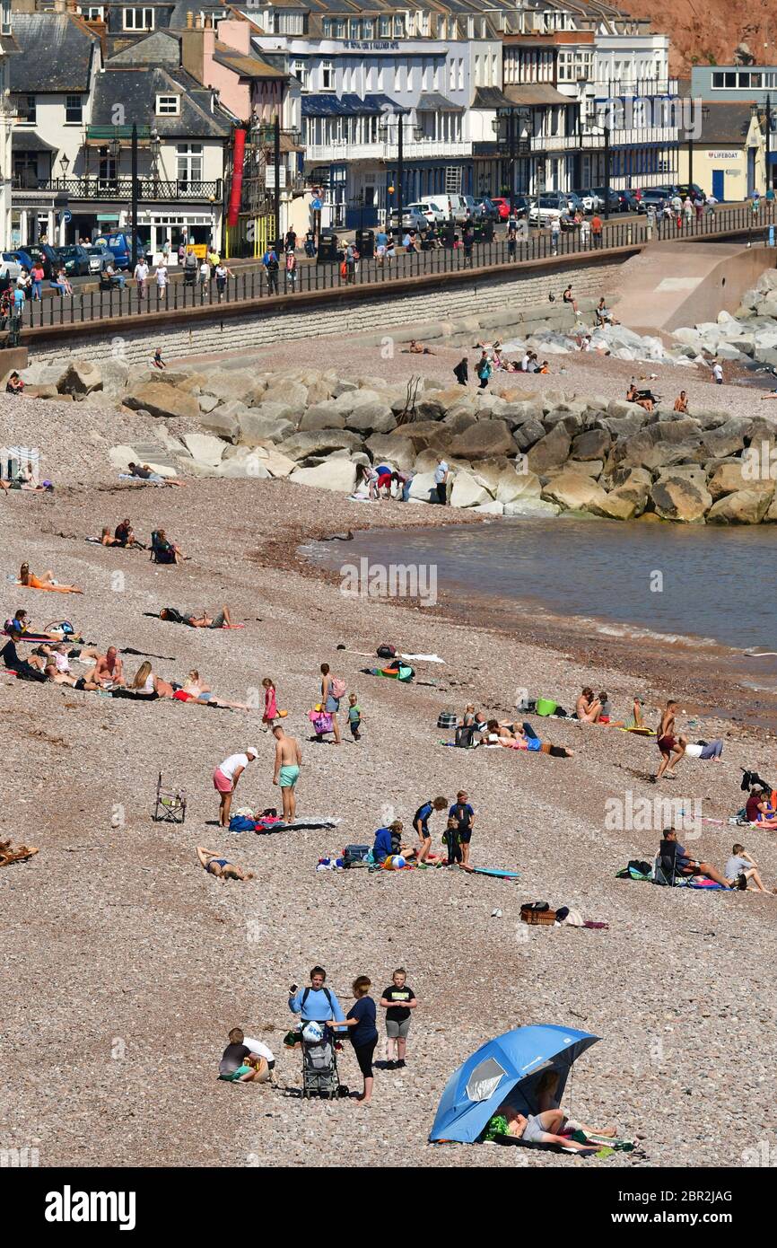 Bristol, UK. 20th May, 2020. UK Weather. Covid-!9.Hotest day of the Year at  Sidmouth in Devon. Sun seakers on the beach in the afternoon.Picture  Credit: Robert Timoney/Alamy Live News Stock Photo -