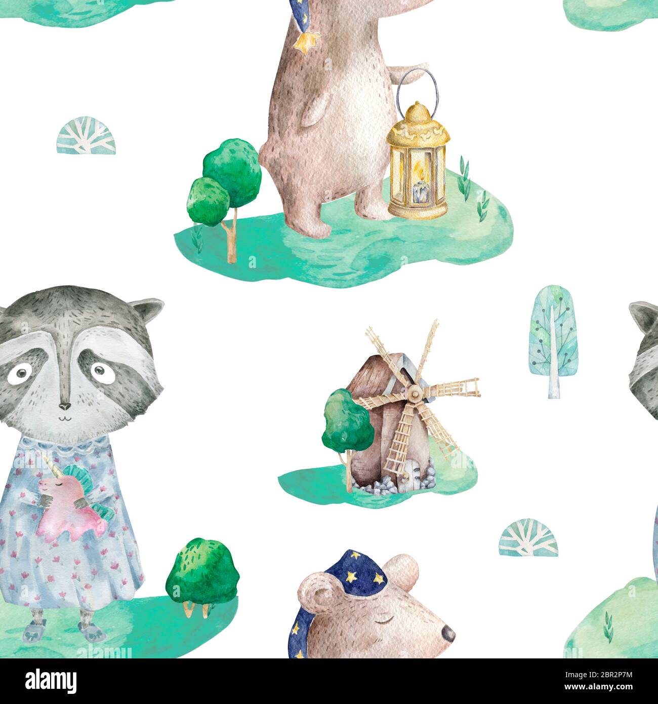 Seamless pattern with cute baby raccoon and sleeping bear. Kids ...