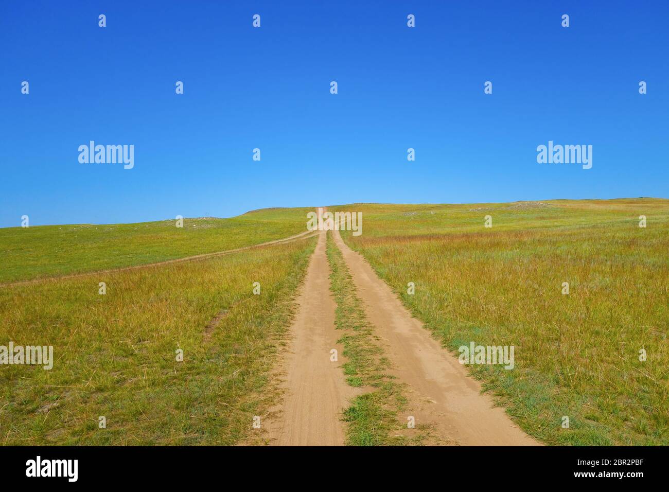 The road to the field goes to the top of the hill. Bright sunny day and cloudless blue sky. Simplicity and conciseness in nature. Stock Photo