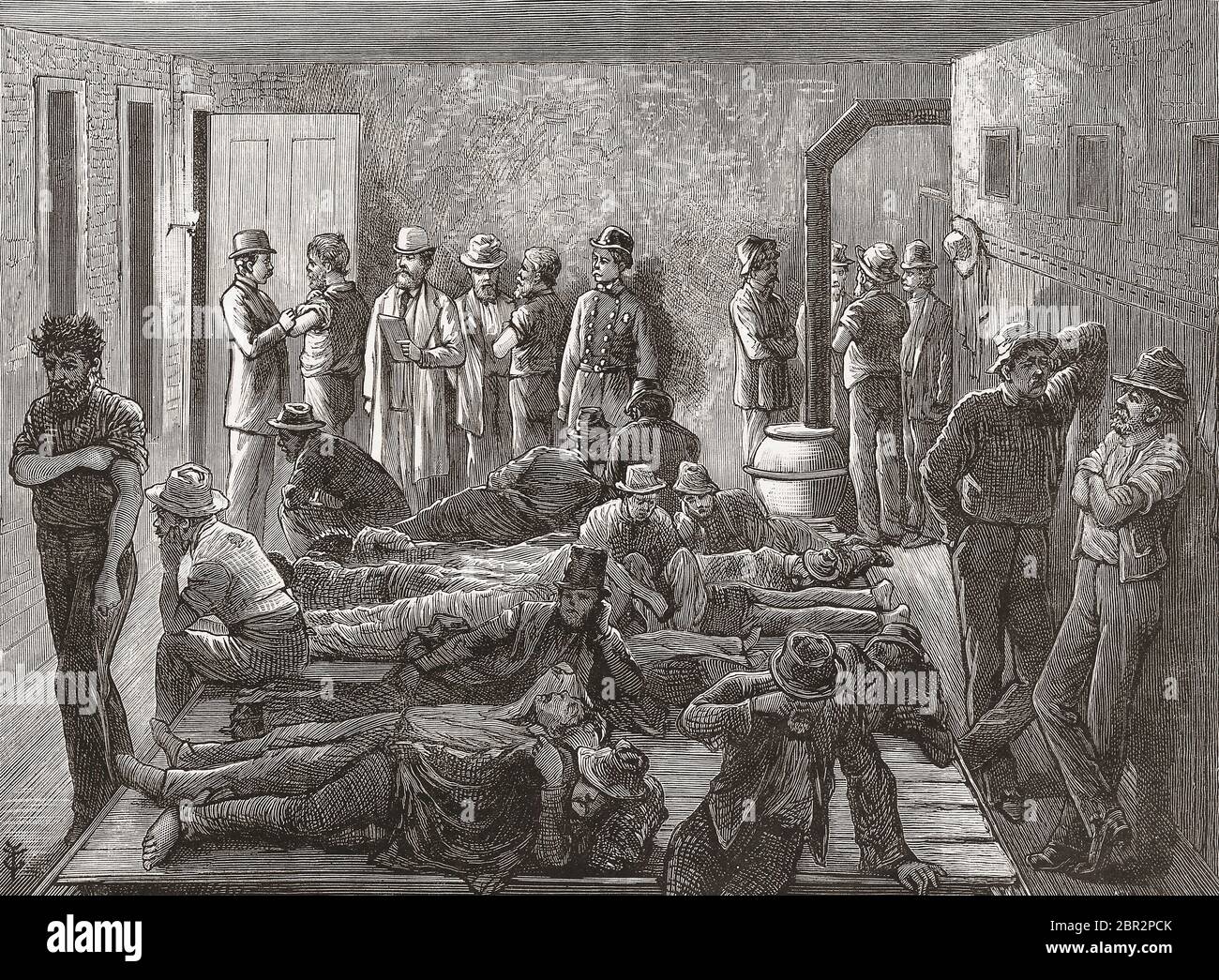 Isolation of homeless men during a smallpox epidemic in New York, USA in the late 19th century.  Outbreaks of contagious diseases in slum areas were common in New York and other major cities around the world.  After an illustration in an 1879 edition of Frank Leslie’s Illustrated Newspaper. Stock Photo