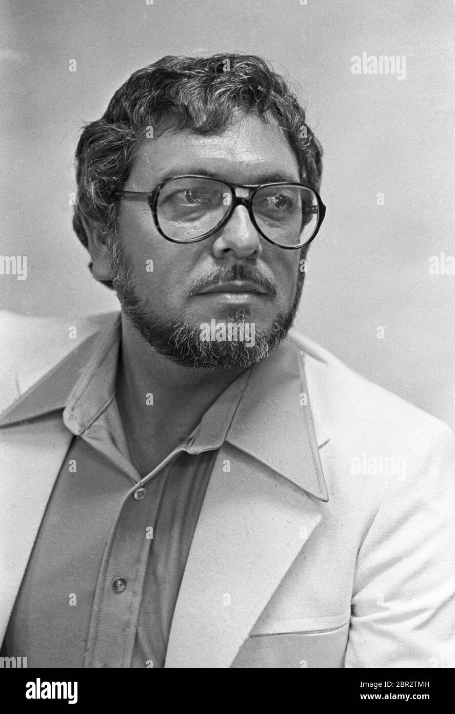 A portrait of Robert Mondragon, native New Mexican, fomer lieutenant Governor of New Mexico for two terms in the 1970s, and now an activist and musician. Circa 1973, black and white Stock Photo