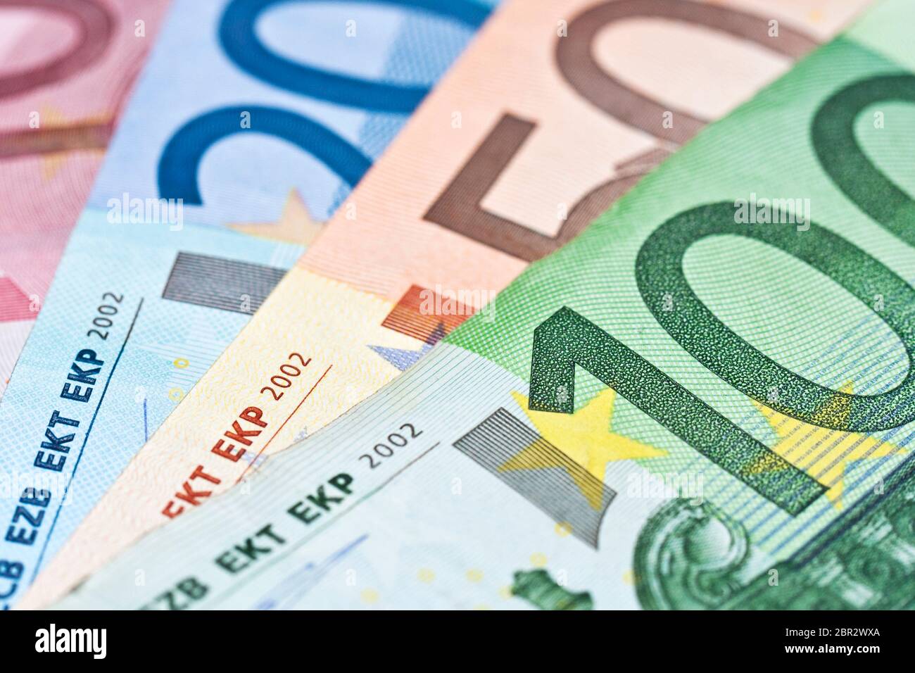Close up of various euros banknotes, colorful money background, european currency cash concept Stock Photo