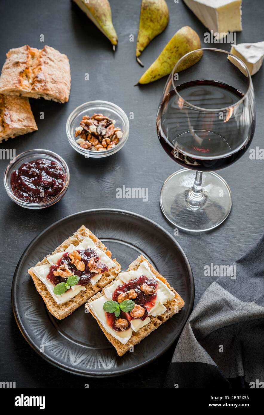 Bread with brie and jam Stock Photo