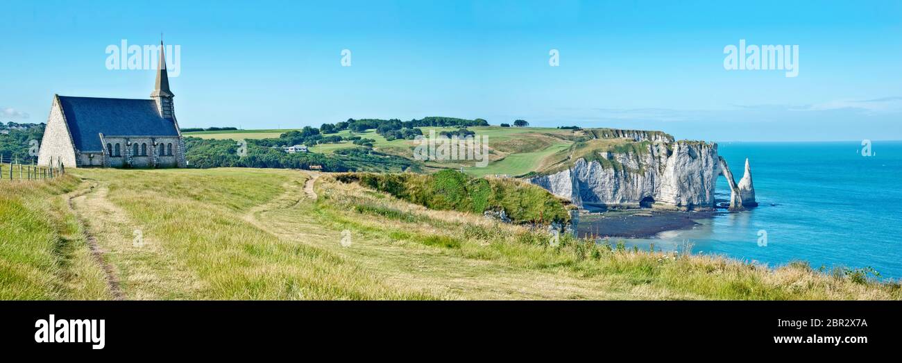 Panorama of Notre Dame de la Garde chapel and the cliff of Etretat, Normandy, France Stock Photo