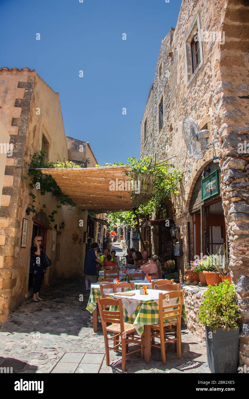 The old village of Monemvasia, Peloponnese, Greece with its charming narrow Streets, Restaurants, Shops and massiv walls Stock Photo