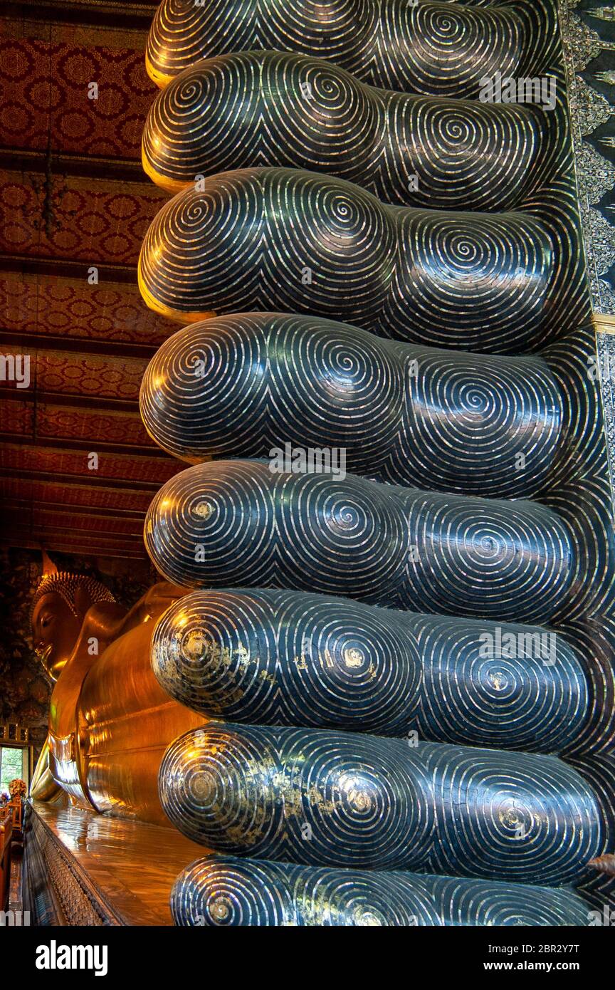Buddha footprints at temple of the Reclining Buddha, in Bangkok. Stock Photo