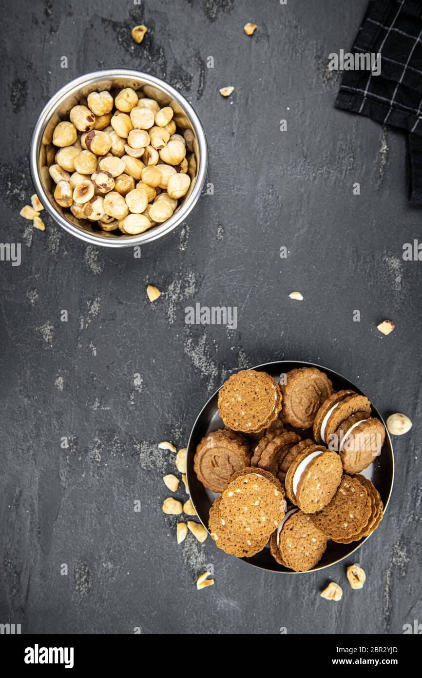 Hazelnut Cream Cookies as detailed close up shot (selective focus Stock Photo Alamy