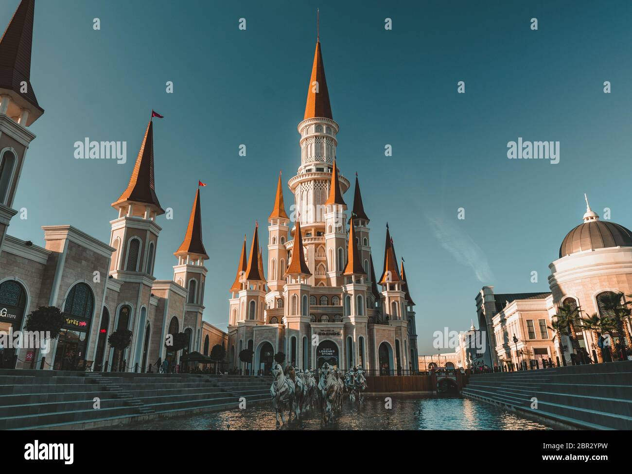 Antalya, Turkey - 1st December 2018: Main castle and pool with statues in Land of Legends theme mall. A very big shopping mall and fun park. Stock Photo