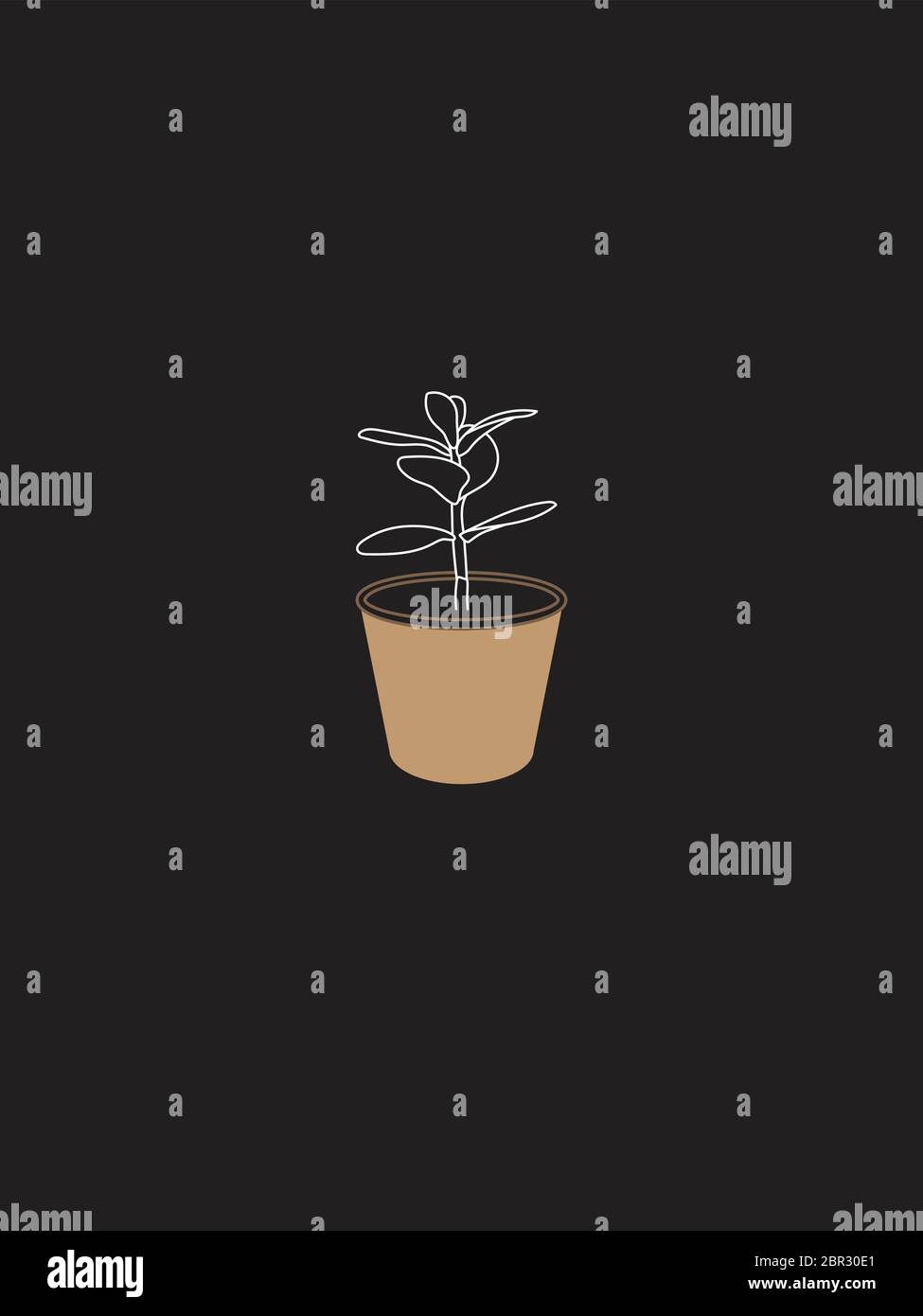 Modern and Minimalist Jade Plant in Pot Line Art. White Line un Dark Grey Stock Vector