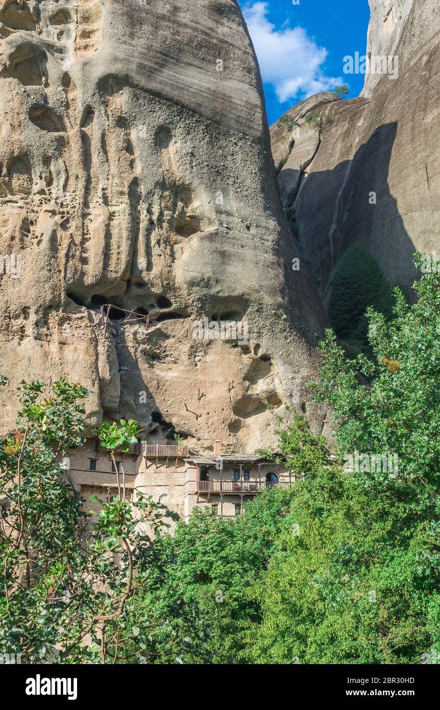 Monastic cave hermit monks houses and rock formation in Meteora near Trikala, Greece. Stock Photo
