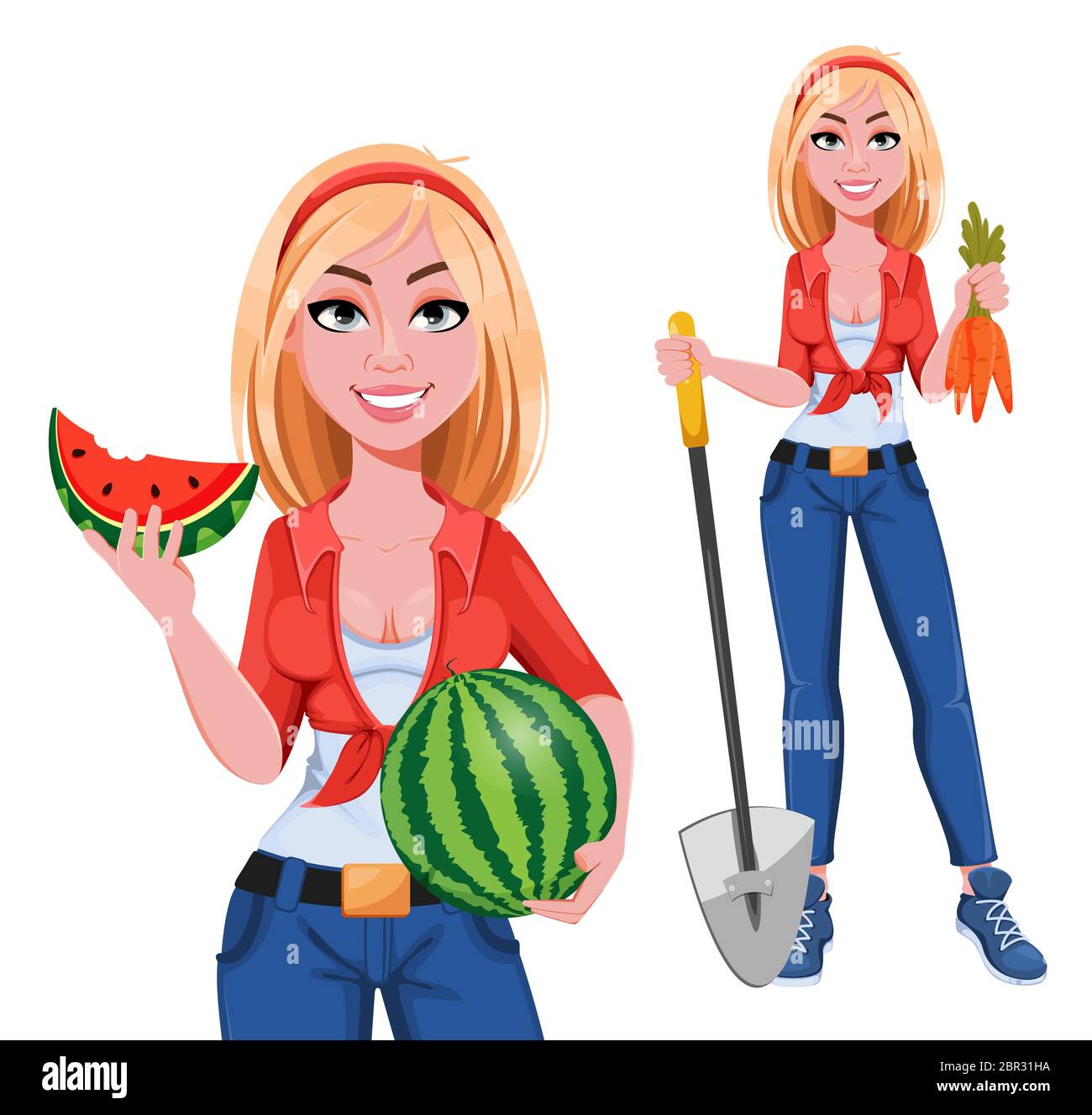 Happy smiling farm girl, set of two poses. Beautiful farmer woman cartoon character. Vector