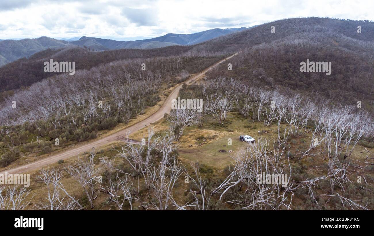 Aerial photo in the Great Alpine Road, Dinner Plain, Dargo. Stock Photo