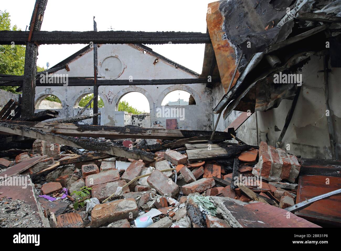 Collapsed Roof and Burned Wooden Beams in Factory After Fire Stock ...