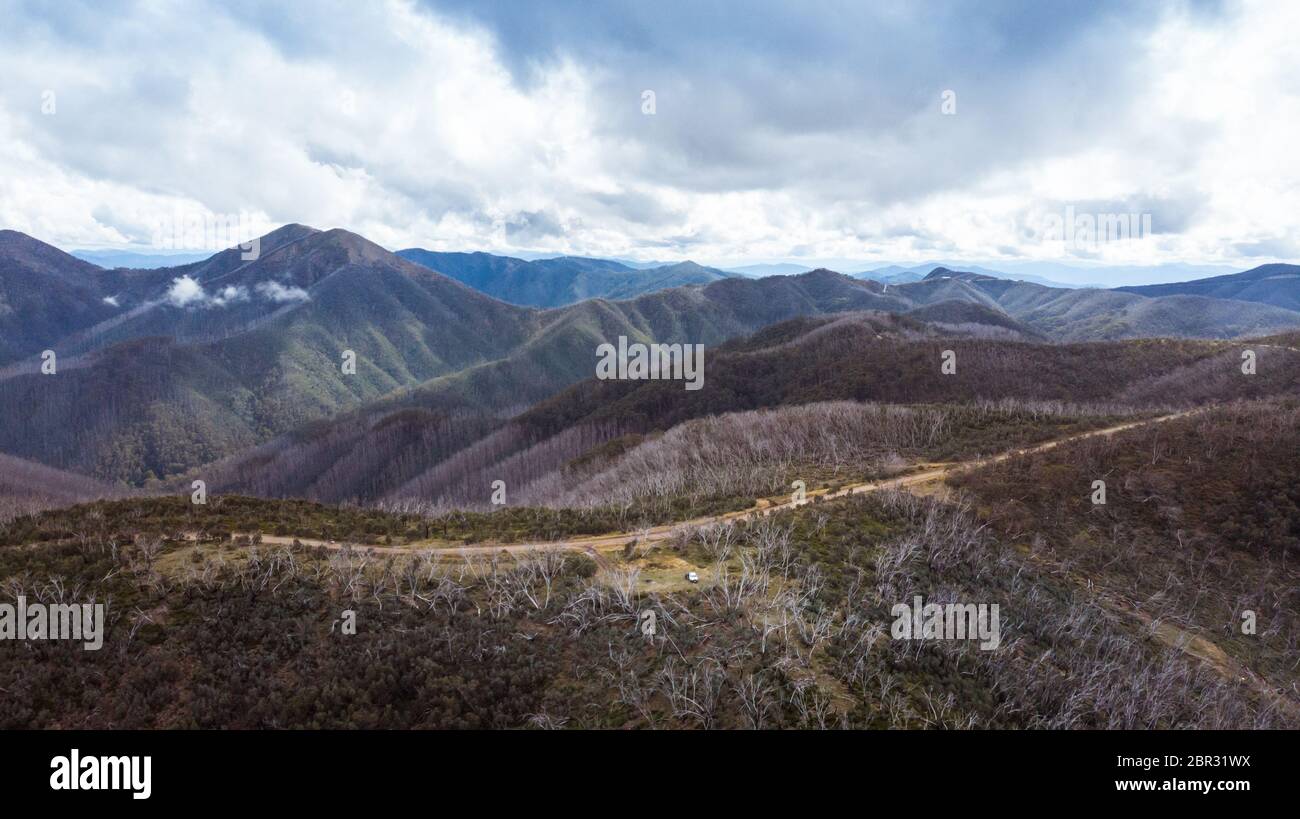 Aerial photo in the Great Alpine Road, Dinner Plain, Dargo. Stock Photo
