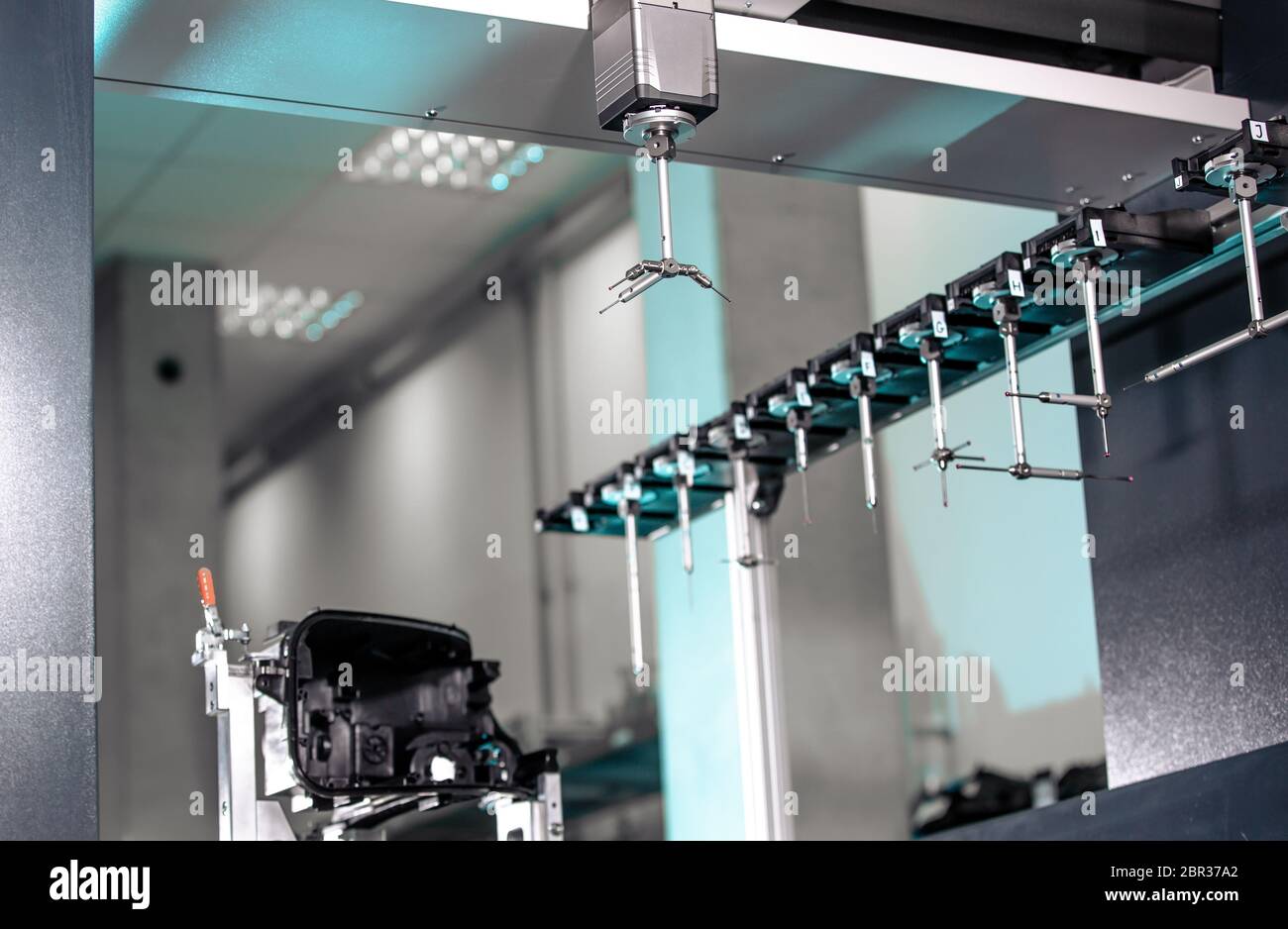 Close up of a 3D dimension measurement plastic parts by CMM, 3D