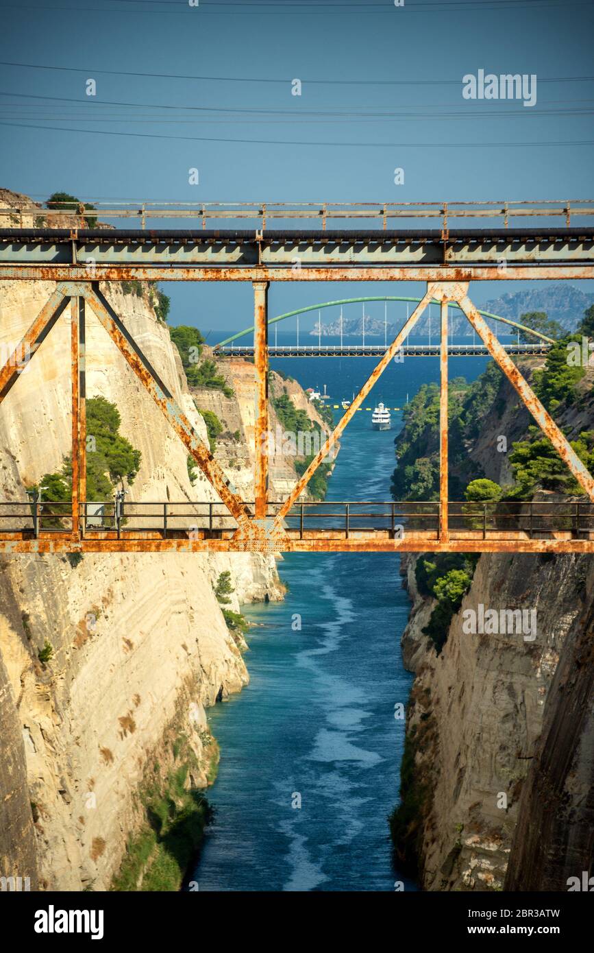 View of the isthmia Bridge over the canal of Corinth Stock Photo