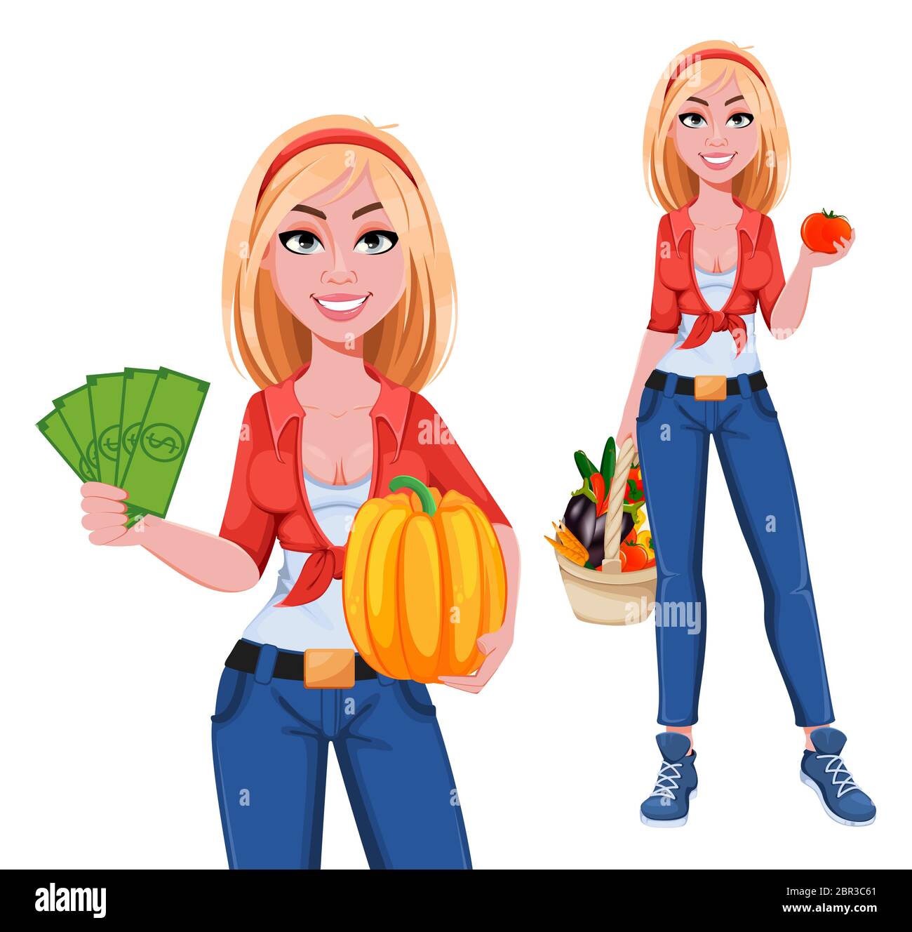 Happy smiling farm girl, set of two poses. Beautiful farmer woman ...