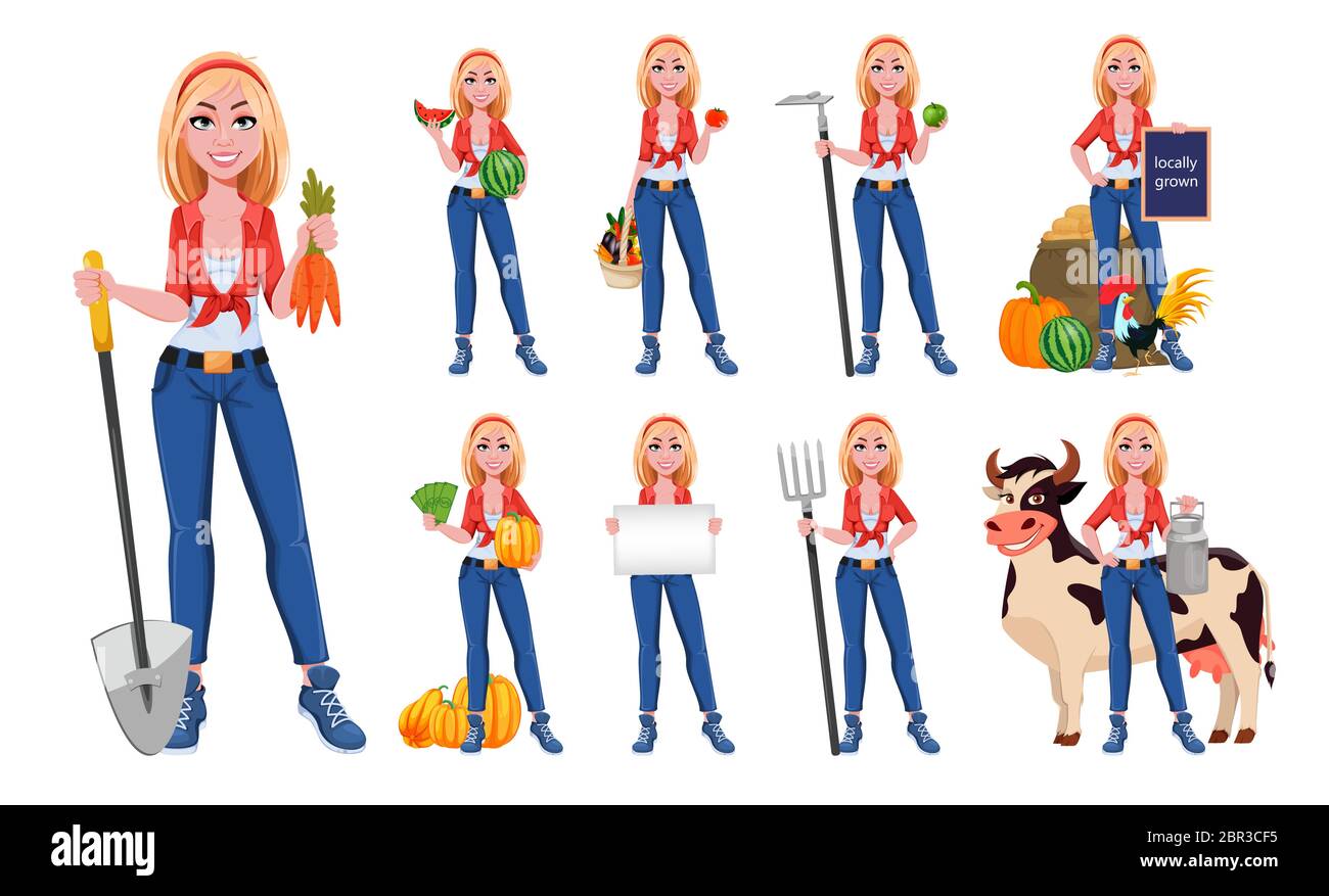Happy smiling farm girl, set of nine poses. Beautiful farmer woman cartoon character. Vector