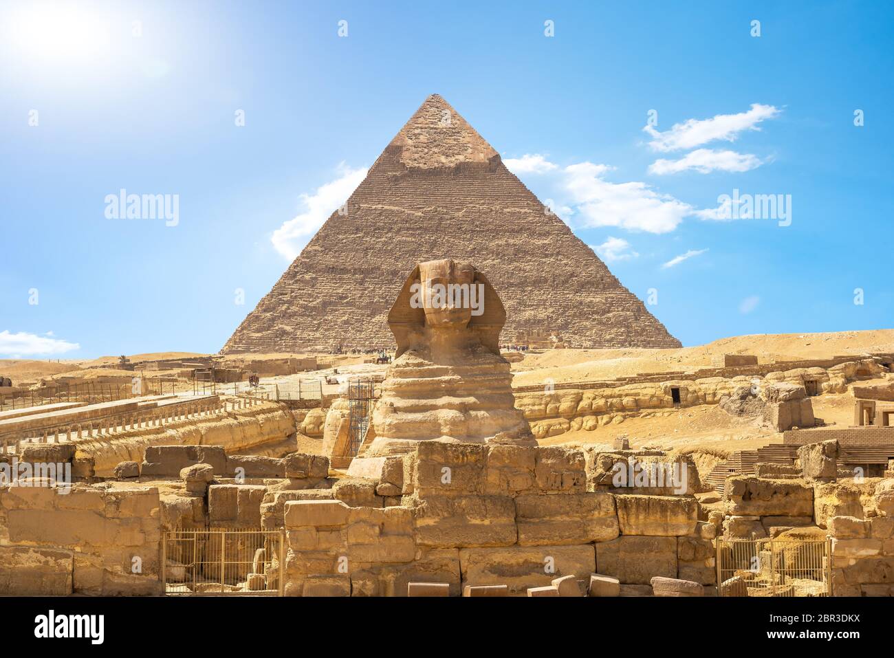 Front view of Sphinx and Khafre pyramid in the desert of Giza, Egypt