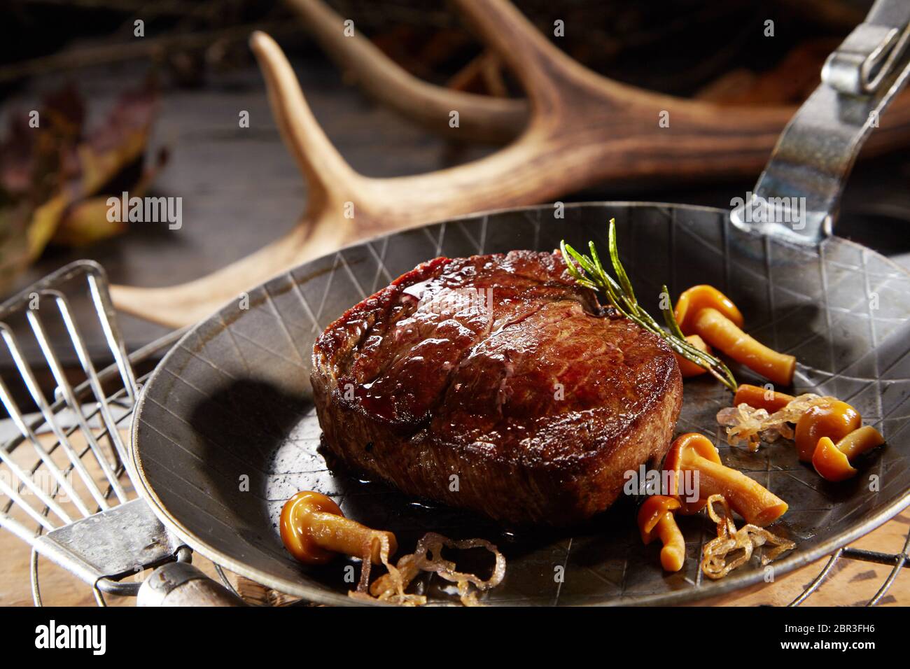 Grilled marinated thick lean wild deer venison steak with autumn