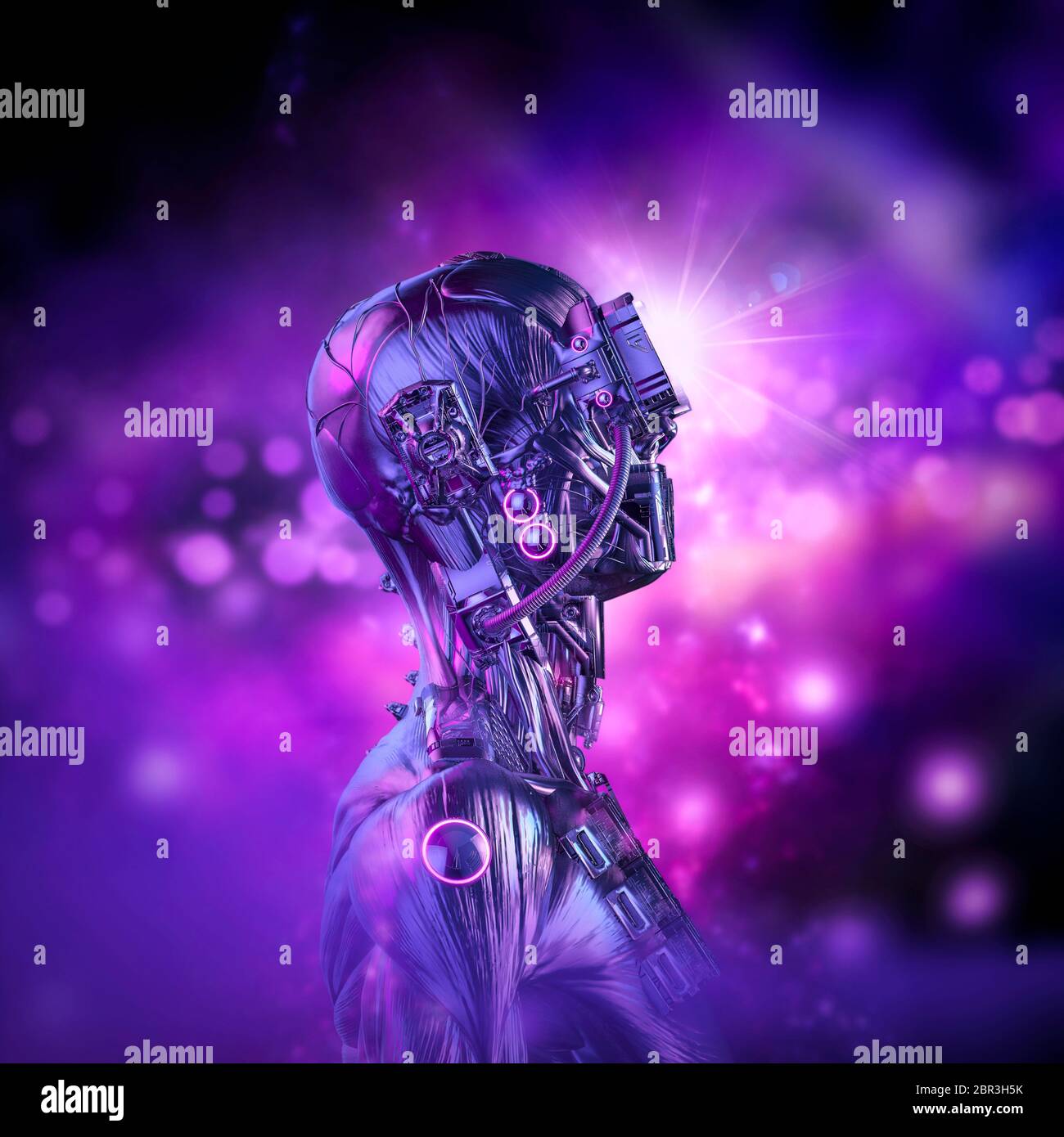 Cyberpunk dreamer awakens / 3D illustration of science fiction futuristic robot character with glowing bokeh background Stock Photo