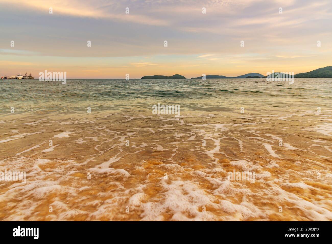 Beach sunset or sunrise with colorful of cloud sky and sunlight in ...